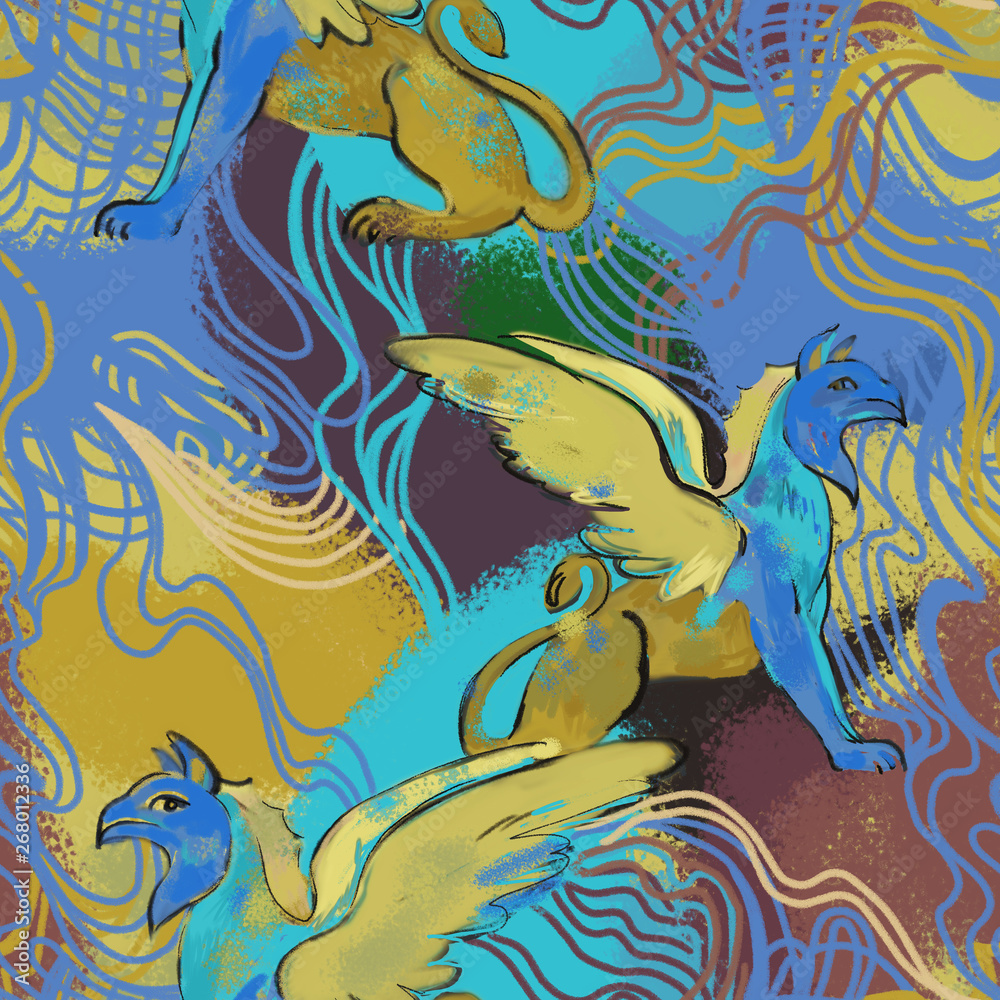 Obraz premium Seamless pattern with mythological animal. Pattern made of Griffins with the body, tail, and back legs of a lion, the head and wings of an eagle and abstract background with paint spots and lines.