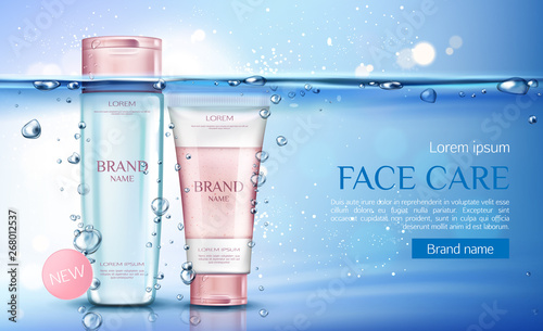 Cosmetic micellar water and scrub bottles mockup, beauty cosmetics products line for face care on transparent aqua background with air bubbles. Tubes packages. Realistic 3d vector illustration, banner