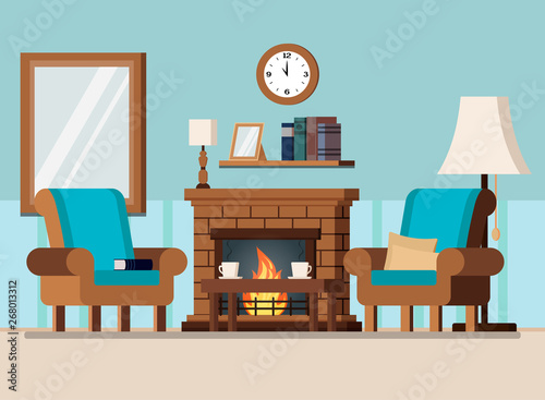 Cozy home living room or cabinet interior scene with coffee table, lamps, two armchairs, pillows,wall clock, books, cups, fireplace with flame, book shelf in cartoon flat style. Vector illustration.