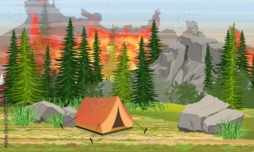 Fire in the mountains and fir forest. Danger to man. Tourist tent near the fire. Burning trees. Wildfire. Catastrophe. Realistic Vector Landscape