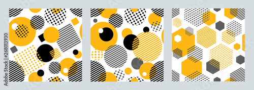 Three geometric seamless patterns with circles,squares, hexagons stripes and dots. Patterns for fashion and wallpaper. Vector illustration. 