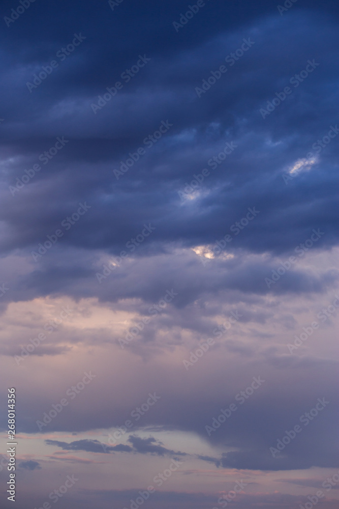 Storm dark blue violet clouds sky background, heaven texture