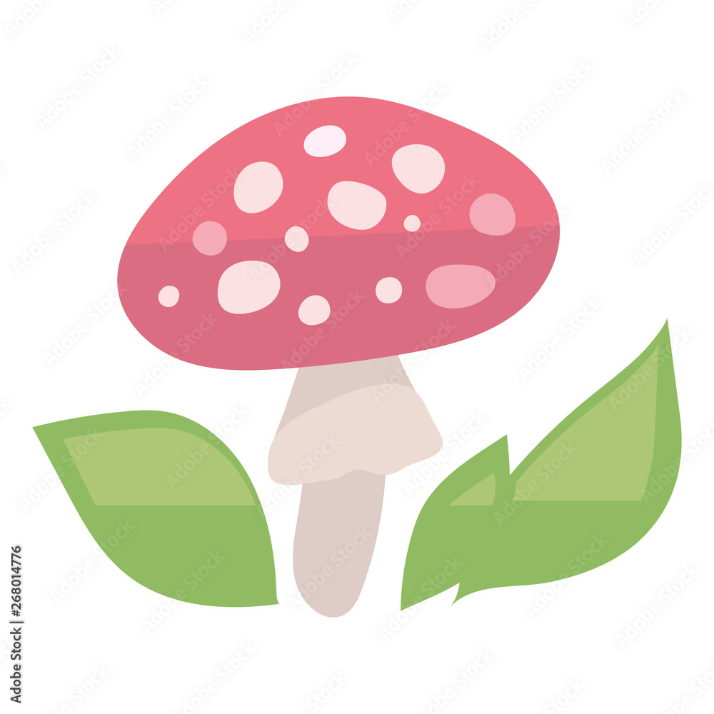 Vector stylized red mushroom Amanita mushroom with round bright spots, with green leaves object isolated on white background. Vector stylized red mushroom Amanita mushroom with round bright spots, with green leaves object isolated on white background.