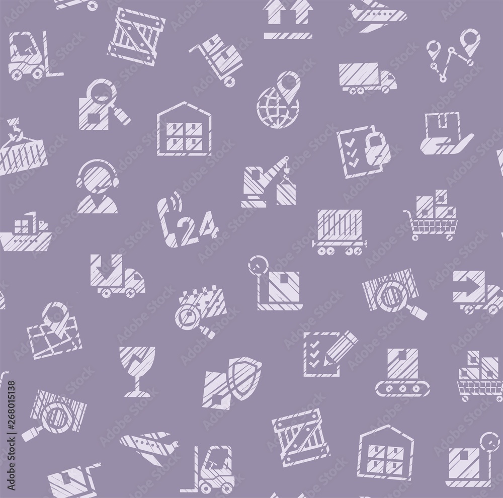 Delivery of goods, seamless pattern, color, shading, pencil, icons, purple, vector. Cargo transportation and delivery of goods. Vector flat seamless pattern. Imitation of pencil hatching. 