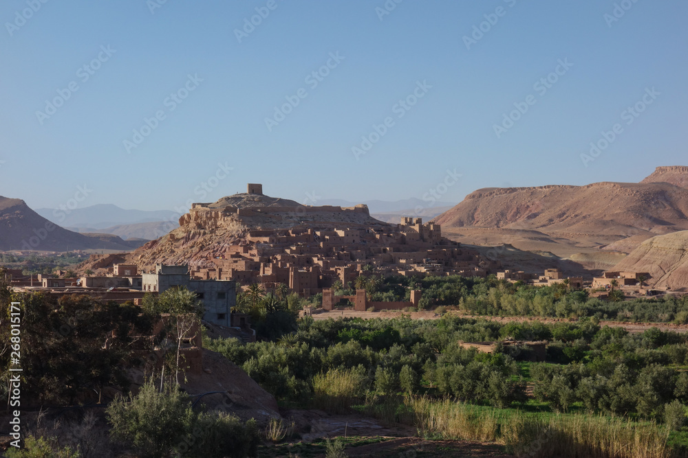 Distance view on the famous Kasbah Ait Ben Haddou near Ouarzazate in the Atlas Mountains of Morocco.