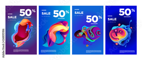 Vector summer sale 50% discount with fluid colorful background. Summer banner, website, poster, and sales promotion background set.