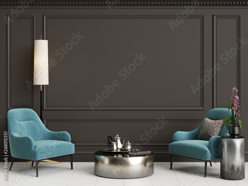 Cassic interior with blue armchair and floor lamp