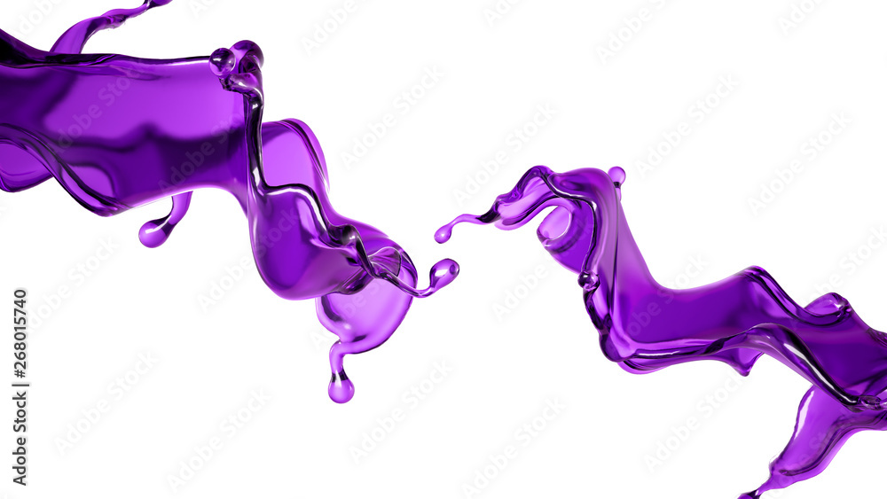 Fototapeta premium A splash of transparent liquid of a purple color on a white background. 3d illustration, 3d rendering.