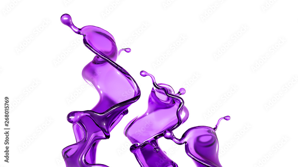 Fototapeta premium A splash of transparent liquid of a purple color on a white background. 3d illustration, 3d rendering.