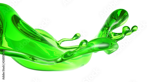 Splash of transparent liquid of a green color on a white background. 3d illustration, 3d rendering.