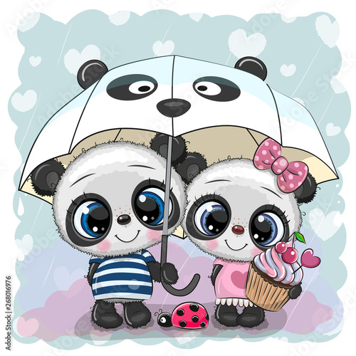 Two cartoon pandas with umbrella under the rain