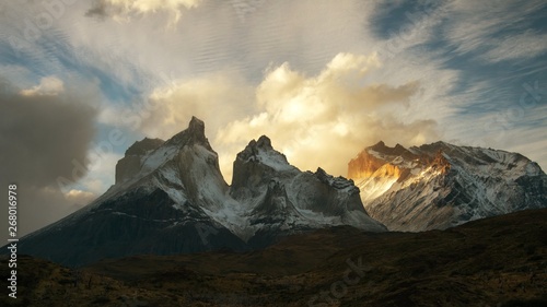 Mountain peaks of Torres del Paine in Patagonia National Park Chile with afternoon light