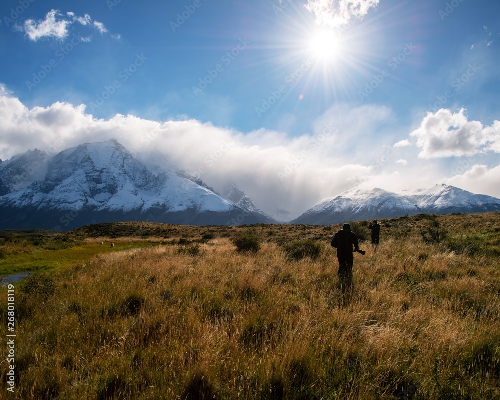 Golden grassy meadow in front of Mountain Range of Torres del Paine with Sun burst