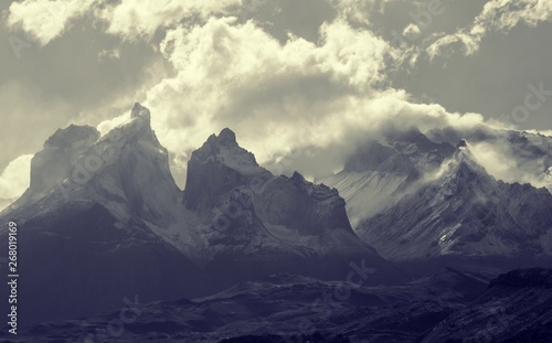 Three Mountain peaks of Torres del Paine in Patagonia National Park Chile in black and white
