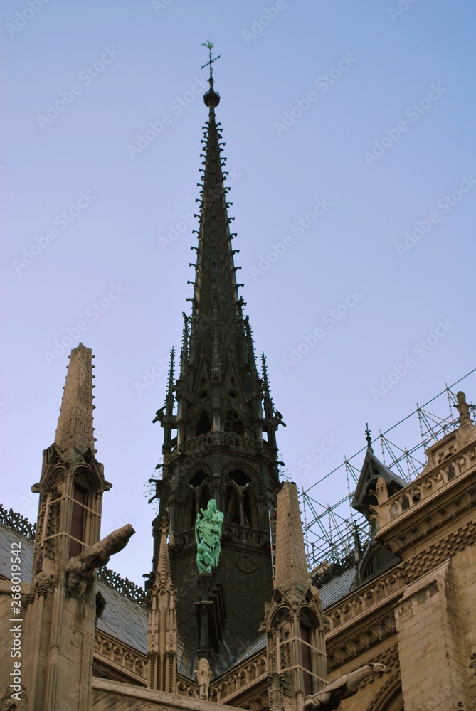 Paris France Notra Dame Cathedral, close up on wood spire 