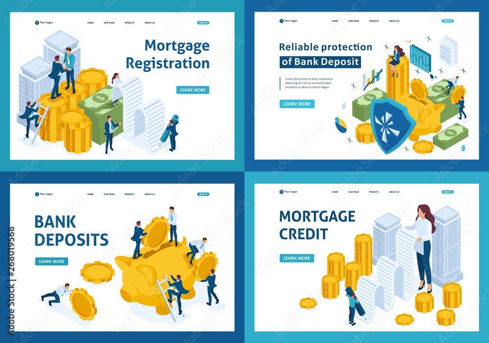 Set of landing pages of isometric concept of choosing banking products, mortgage, deposit, loan
