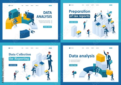 Set of landing pages in isometric concept. Data collection and reporting for tax forms