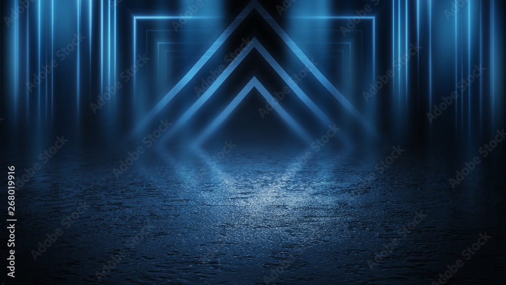 Fototapeta premium Empty background scene. Dark street reflection on the wet pavement. Rays neon light in the dark, neon figures, smoke. Night view of the street, the city. Abstract dark background.