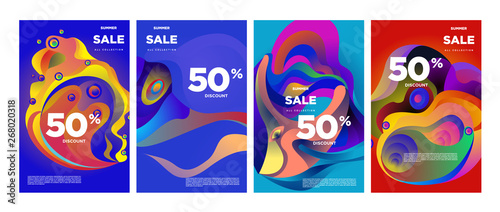 Vector summer sale 50% discount with fluid colorful background. Summer banner, website, poster, and sales promotion background set.