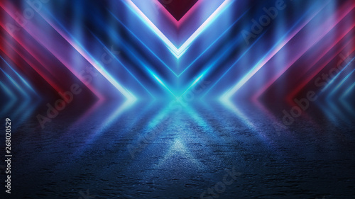 Empty background scene. Dark street reflection on the wet pavement. Rays  neon light in the dark  neon figures  smoke. Night view of the street  the city. Abstract dark background.