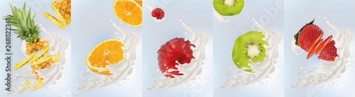 Realistic fruits kiwi, orange, pineapple, raspberry, strawberry with milk splashes close up. 3d vector illustration. Set milk splashed and fruits