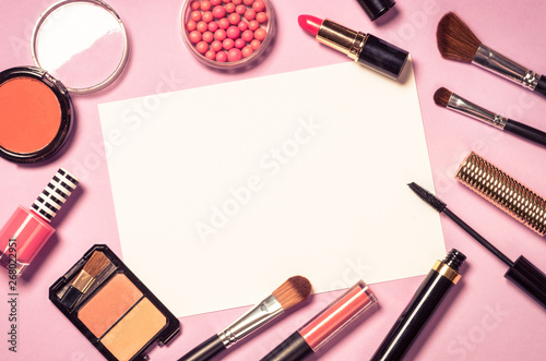 Fototapeta Naklejka Na Ścianę i Meble -  Makeup professional cosmetics on pink background.