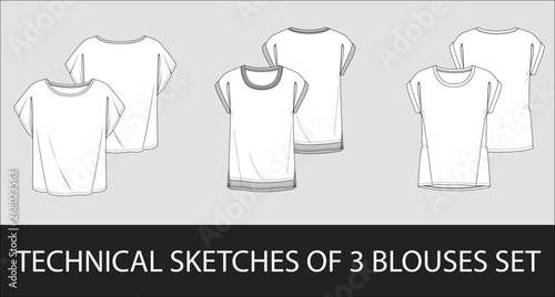Fashion technical sketches of 3 woman blouses set