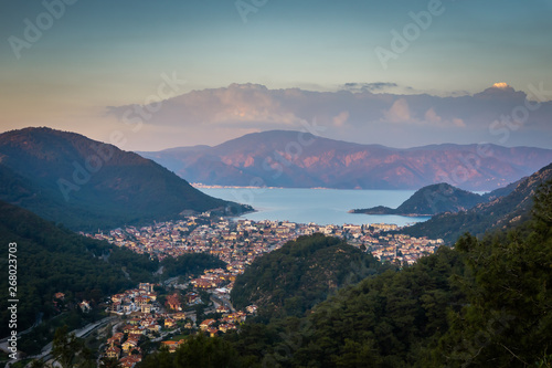 Marmaris bay landscape, Turkey. Sunset sky. Holiday and summer concept.