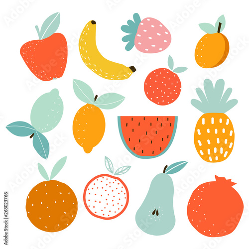 Set of fresh cartoon fruits. Vector hand drawn illustration.