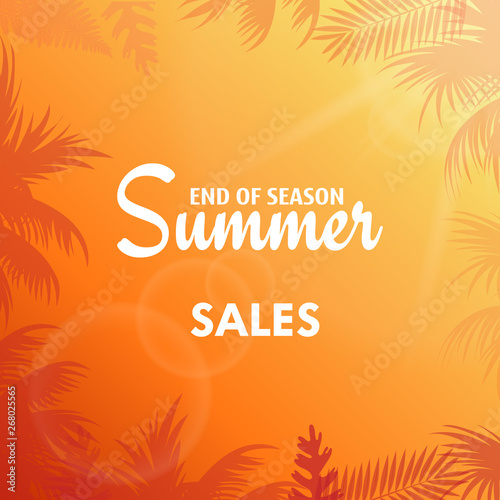 Summer sales greeting card with palm tree leaves. Vector