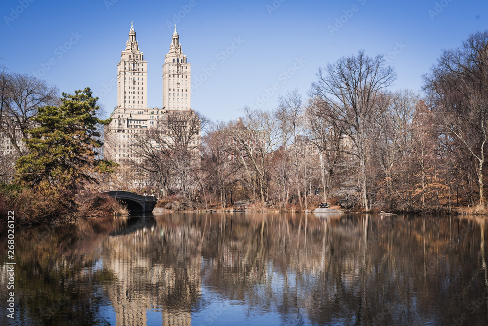 Bow Bridge Lake in the middle of Central Park in Manhattan NYC - New York City, NY