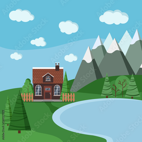 Summer or spring lake landscape scene with country brick farm house with a tiled roof, chimney, green trees, spruces, fields, clouds, mountains in cartoon flat style. Vector background illustration.