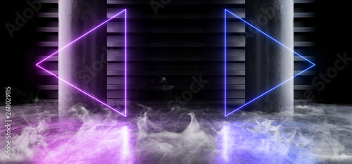 Smoke Neon Laser Fluorescent Purple Blue Futuristic Column Garage Showroom Tunnel Corridor Concrete Metal Grunge Reflective Empty Space White Glow Showcase Stage Underground Entrance 3D Rendering