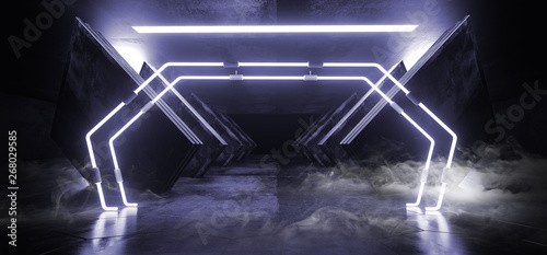 Smoke Neon Blue Glowing Triangle Sci Fi Futuristic Virtual Spaceship Abstract Triangle Glossy Metal Concrete Grunge Dark Empty Cinematic Corridor Room Hallway Entrance 3D Rendering
