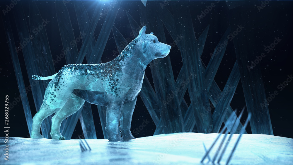 ice hound dog wolf. magic beast quality 3d render with copy space fantasy party winter poster template