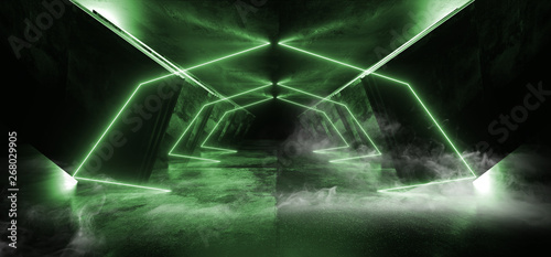 Smoke Circle Neon Green Glowing Triangle Sci Fi Futuristic Virtual Spaceship Abstract Triangle Glossy Metal Concrete Grunge Dark Empty Cinematic Corridor Room Hallway Entrance 3D Rendering