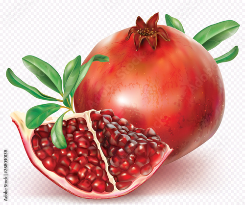 Pomegranate fruit and cut fruit with leafs
