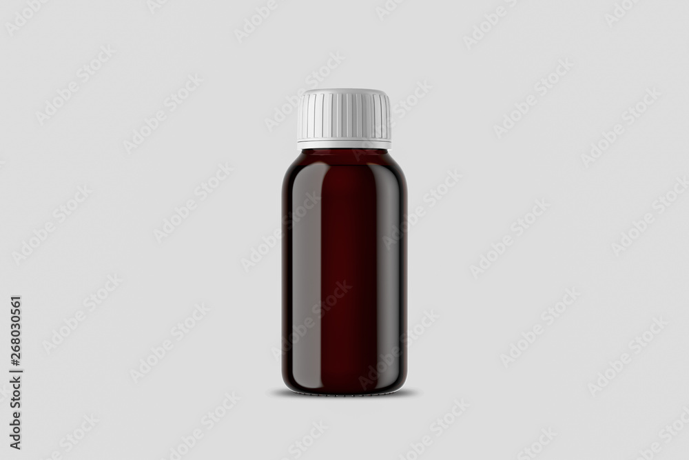 Medcine glass Bottle with blank label Mock up on soft grey background. 3D rendering. Mock up template ready for your design