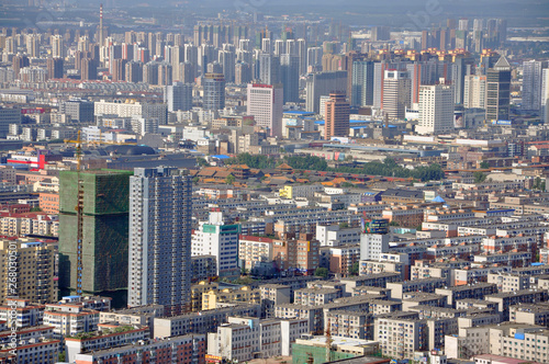 Aerial view of Shenyang Imperial Palace in modern city, Liaoning Province, China. Shenyang is the largest city in Northeast China (Manchuria).