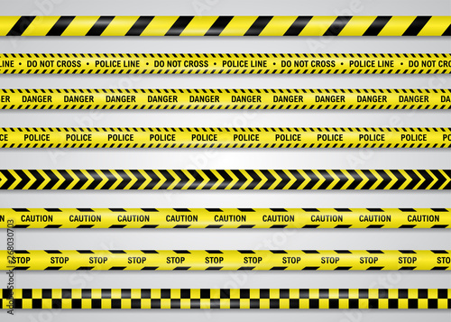 Restricting, danger, caution yellow band vector illustration set, isolated on white. Police or construction cordon plastic ribbon to forbid trespassing for life safety, to procure normal functioning. © Manon Labe