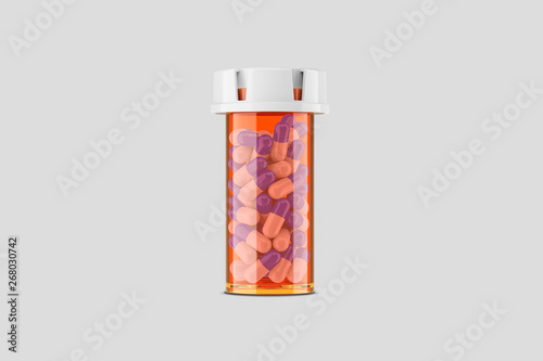 Pills Bottle.Medical capsules container Mock up isolated on light gray background.3D rendering.