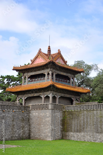 Turrent (Watch Tower) of Fuling Tomb of Qing Dynasty, Shenyang, China. Fuling Tomb (East Tomb) is the mausoleum of Nurhaci, the founding emperor of the Qing Dynasty and his wife, Empress Xiaocigao. Fu