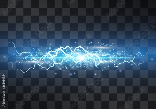 Lightning vector light effect. Decorative neon blue glowing lighting bolt, electrical discharge on transparent background with magical halo and sparkling stardust. Thunderbolt stream. Bursting flash.