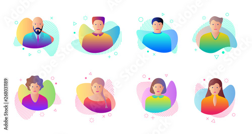 Man woman avatar set on dynamic modern liquid element graphic gradient flat style design fluid vector colorful illustration simple abstract shapes. Male female vector isolated