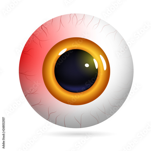 Human eye front view close-up, cornea, retina, pupil. The red iris and white of the eye are red. Burst capillaries. Eyeball icon design isolated on white background. Realistic Vector Illustration