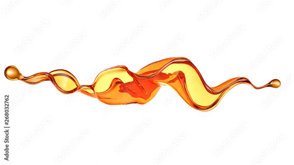 Splash of a transparent orange liquid on a white background. 3d illustration, 3d rendering. Splash of a transparent orange liquid on a white background. 3d illustration, 3d rendering.