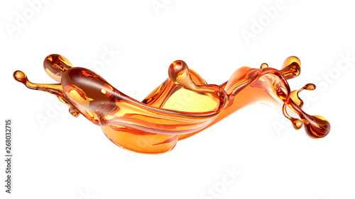 Splash of a transparent orange liquid on a white background. 3d illustration, 3d rendering.