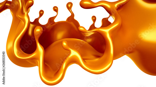 Golden splash of caramel on a white background. 3d illustration, 3d rendering.