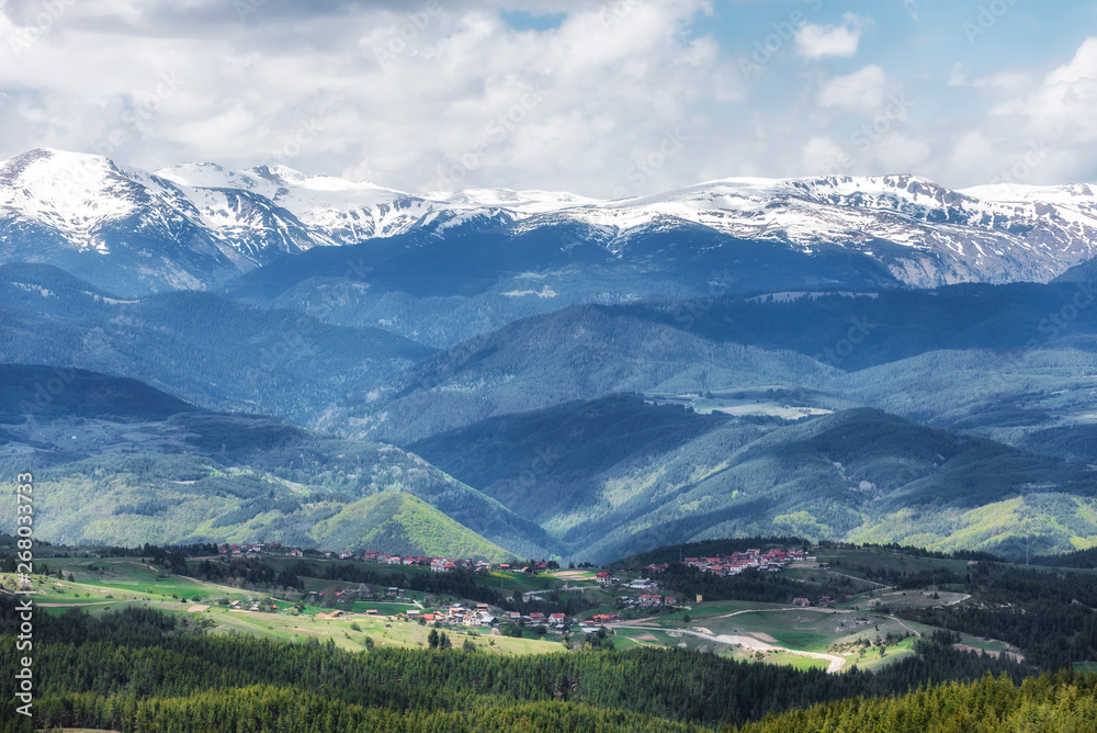 Snowy hills of Rila mountain in Bulgaria during spring, Photo from Rhodope