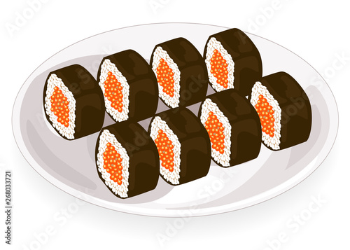 Exquisite dishes of national cuisine. On a beautifully served dish includes seafood, sushi, rolls, caviar, rice, greens. Festive treat. Vector illustration.